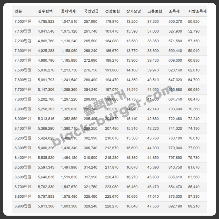 2024 연봉 실수령액 표
7000~8900만원 구간