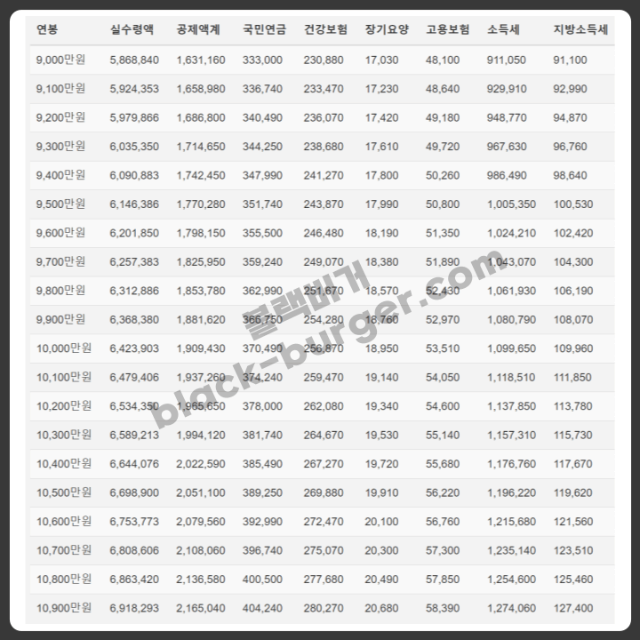 2024 연봉 실수령액 표
9000~10900만원 구간